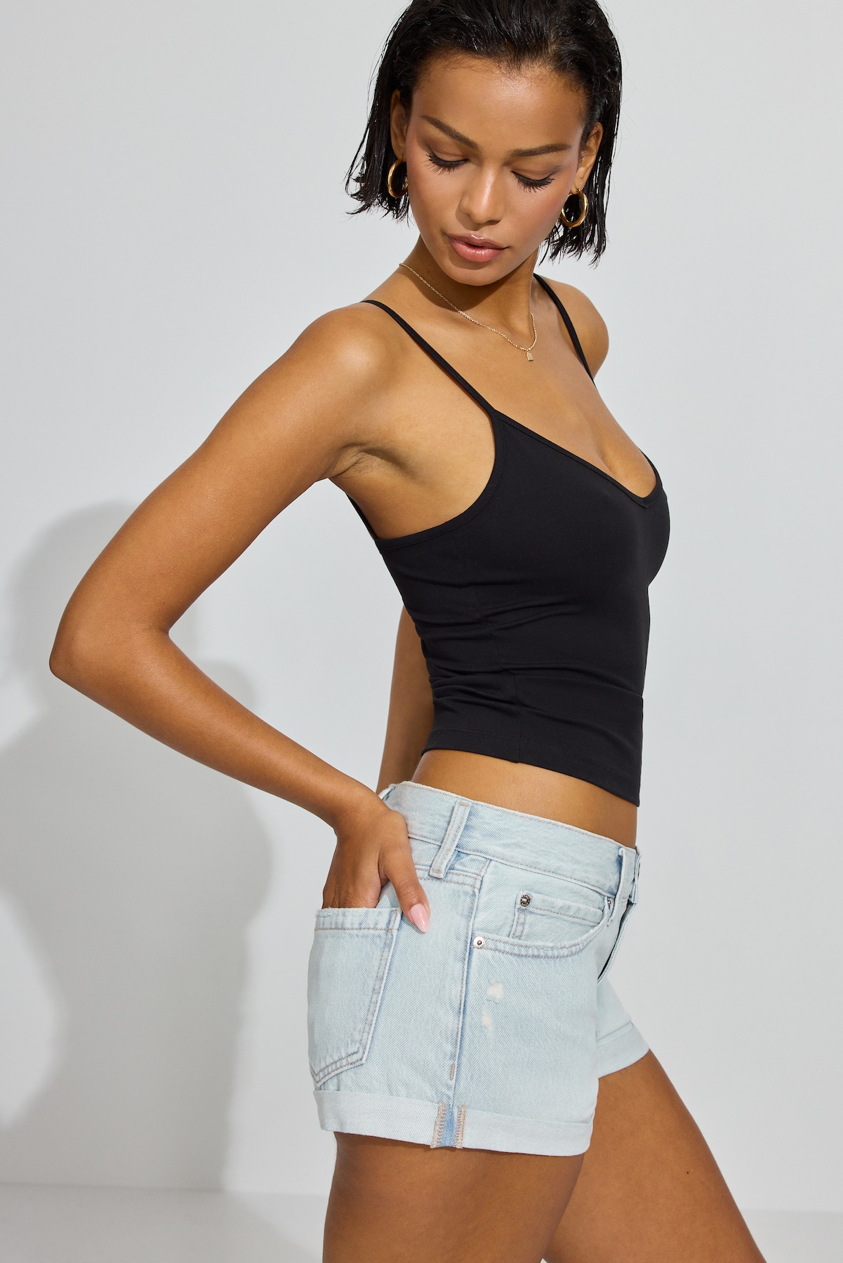 Low Rise Cuffed Denim Shorts